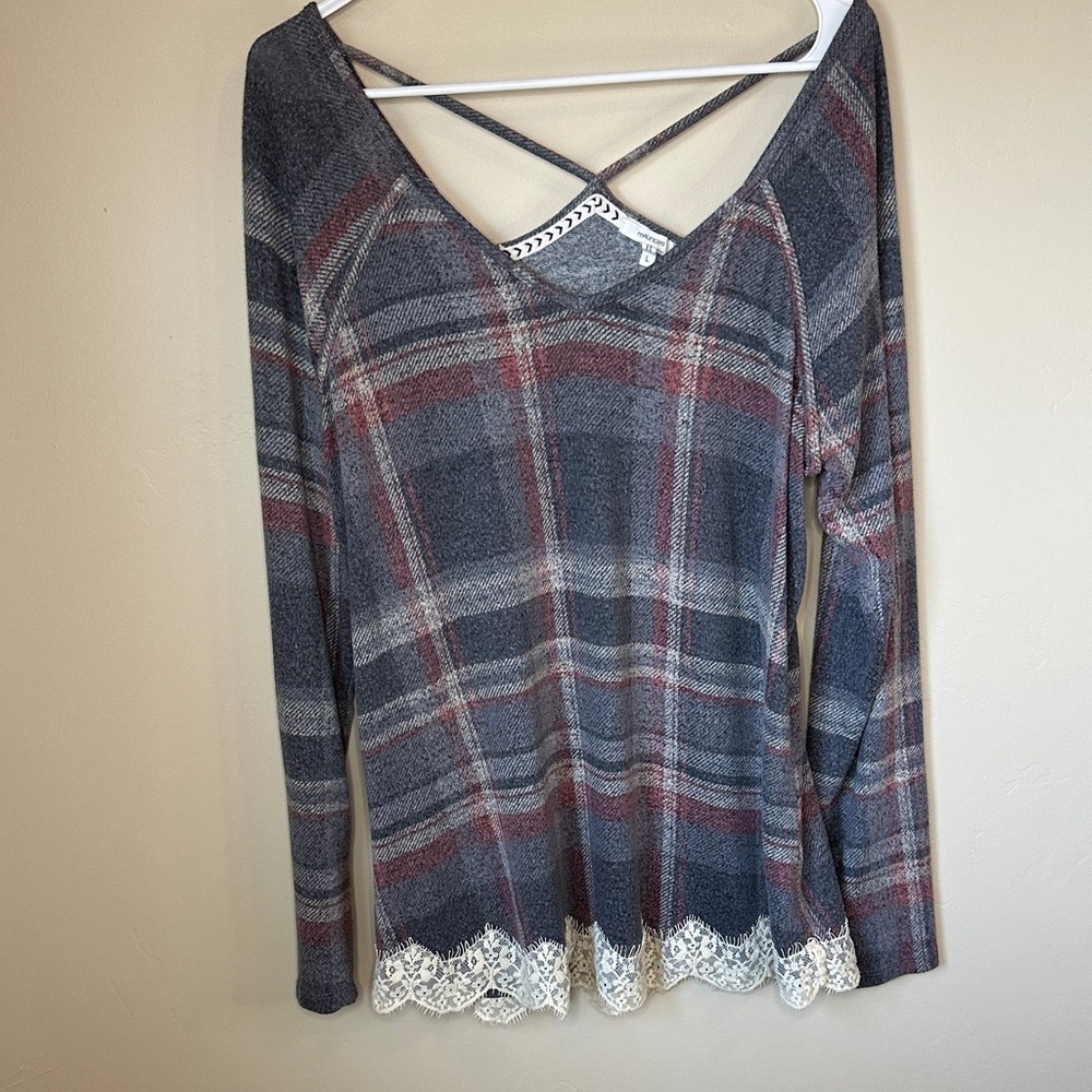 Maurices Women’s Large Plaid V‑Neck Long Sleeve Top, Strappy Open Back, Lace Hem